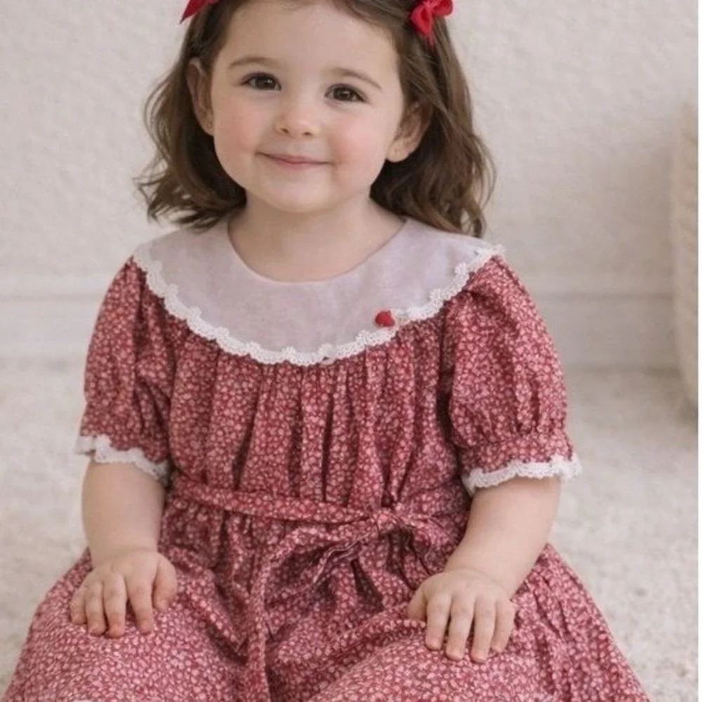 Vintage Sarah Kent 4T Red Floral Puff Sleeve Dress Lace Collared Bow Cottagecore